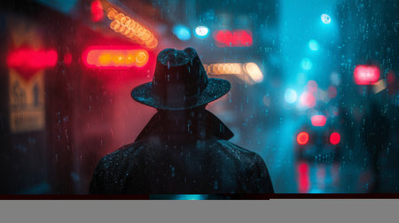 A man wearing a hat and coat walks down a wet street amid rain showers.の素材