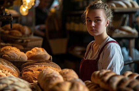 a woman is in front of a counter full of breads.の素材