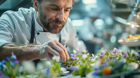 A man dressed in a chefs uniform carefully arranges food on a plate, showcasing culinary skills in a professional kitchen setting.の素材