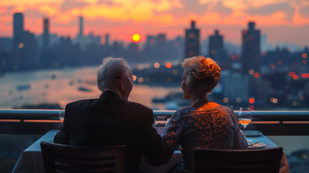 Two individuals sitting at a table, looking out at a city view.の素材