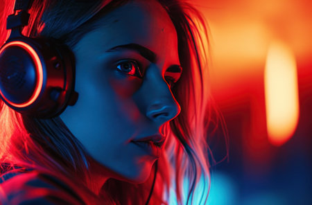 a woman with a light hair wearing headphones.の素材