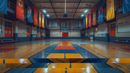 A basketball court with blue and yellow lines marked on the ground, ready for a game to be played.の素材