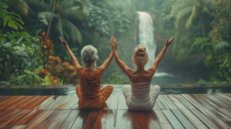 Two women are seated on a wooden deck, facing a cascading waterfall. The serene scene shows them enjoying the natural beauty of the rushing water.の素材
