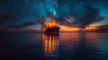 A boat floats on a body of water under a sky filled with stars, creating a serene and captivating scene under the night sky.の素材