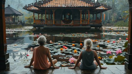 A man and a woman are seated on a wooden dock by a calm pond, enjoying the view.の素材