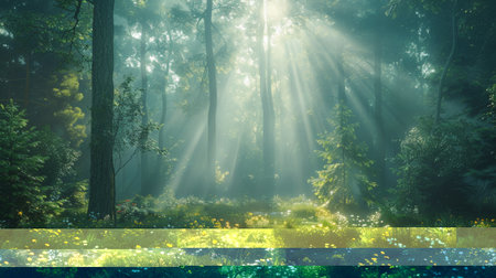 A dense forest filled with numerous trees and lush grass covering the ground.の素材