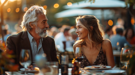 A man and woman are seated at a table, each with a glass of wine in front of them.の素材