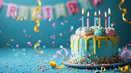 A birthday cake with lit candles surrounded by confetti and balloons, ready for celebration.の素材