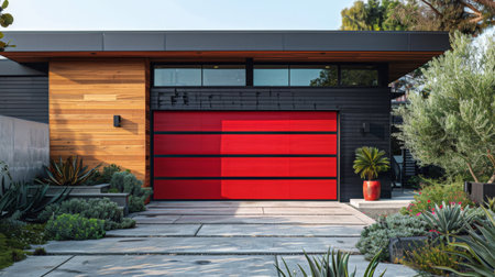 A vibrant red-leaved tree stands in front of a matching red garage door.の素材