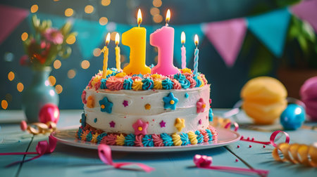 A birthday cake with lit candles surrounded by confetti and balloons, ready for celebration.の素材