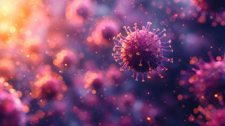 Detailed view of a corona virus outbreak, showing multiple corona viruses in close proximity.の素材