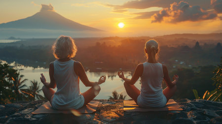 Two women are seated on yoga mats, facing a stunning sunset in the background.の素材
