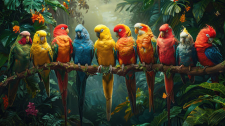 Three vibrant birds with varied plumage are perched closely together on a tree branch, showing their colorful feathers.の素材