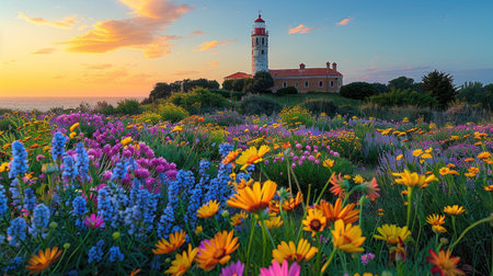 A field of colorful flowers with a towering lighthouse in the distant background under a clear sky.の素材