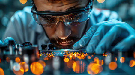 A man is peering through a microscope, examining a specimen closely.の素材