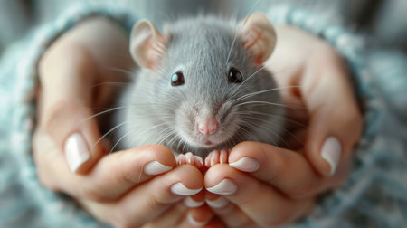 A person holding a rat in their hands, showcasing a close bond and interaction between human and rodent.の素材