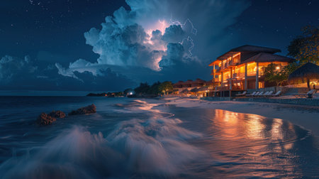 Thunderous lightning strikes illuminate the dark beach at night, creating a dramatic and electrifying scene.の素材