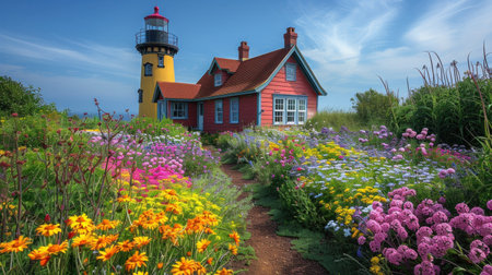 A field of colorful flowers with a towering lighthouse in the distant background under a clear sky.の素材