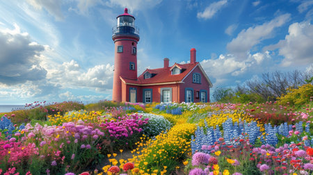 A field of colorful flowers with a towering lighthouse in the distant background under a clear sky.の素材