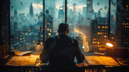 A man standing by a window in a dimly-lit room, gazing out at a city skyline illuminated by night lights.の素材