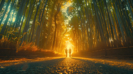 A man and a woman sitting on the ground in a forest surrounded by trees and foliage.の素材