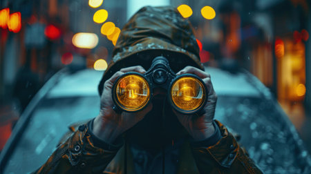 A man stands in a city at night, looking through binoculars towards the urban landscape.の素材
