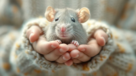 A person holding a rat in their hands, showcasing a close bond and interaction between human and rodent.の素材