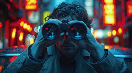 A man stands in a city at night, looking through binoculars towards the urban landscape.の素材