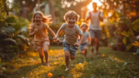 A group of children joyfully running through a vast green field under the bright sun.の素材