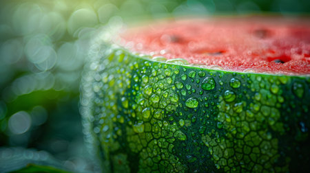 Detailed close up of a ripe watermelon slice with red juicy flesh and black seeds.の素材