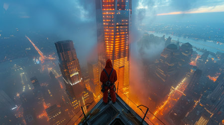 A man stands confidently on the edge of a towering skyscraper, overlooking the city below.の素材