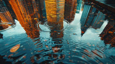 A puddle of water in a city setting with tall skyscrapers reflected in it, showcasing the urban landscape.の素材