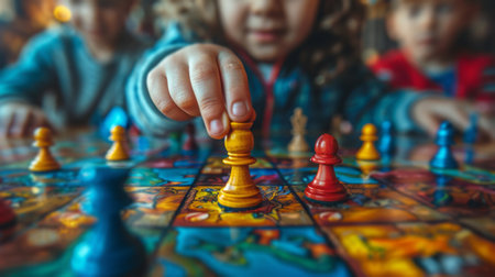 A group of children engaged in a board game, sitting around a table, rolling dice, moving game pieces, and strategizing.の素材