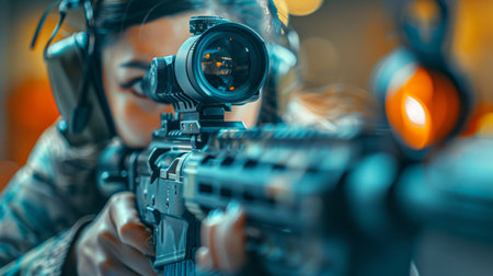 A man stands holding a rifle and aiming directly at the camera, portraying a threatening and aggressive stance.の素材
