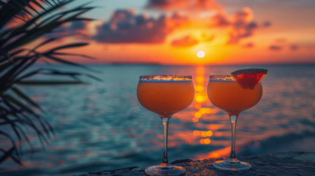 Two glasses of ice tea sit on a sandy beach as the sun sets in the background, casting a warm glow over the scene.の素材