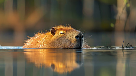 Close-up view of a capybara swimming in a body of water.の素材