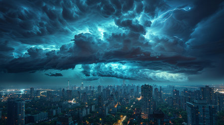 A storm is looming over a city at night, with dark clouds covering the sky and flashes of lightning illuminating the buildings below.の素材