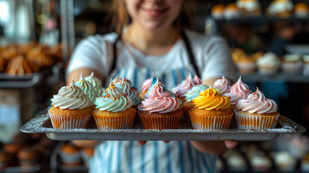 A woman is holding a tray filled with cupcakes, showing her baking skills and sweet treats.の素材