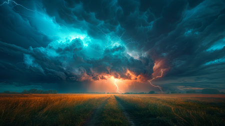A large open field with a lightning bolt striking across the sky, showing the power of nature.の素材