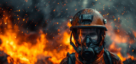 A man wearing a gas mask stands in front of a raging fire, showing the intensity of the flames and the protective gear being worn.の素材