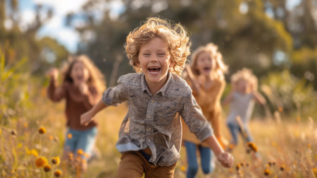 A group of children joyfully running through a vast green field under the bright sun.の素材