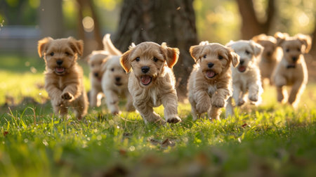 A pack of energetic puppies dashing through the lush green forest, exploring their surroundings and enjoying their playful freedom.の素材