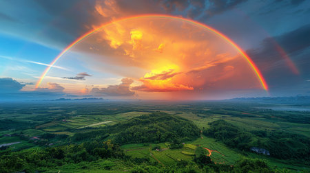 Two rainbows appear in the sky above a vibrant green valley, creating a stunning natural phenomenon.の素材