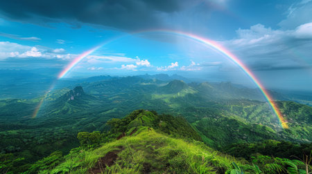 Two rainbows appear in the sky above a vibrant green valley, creating a stunning natural phenomenon.の素材