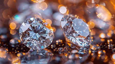 Trio of diamonds arranged neatly on a wooden table surface.の素材