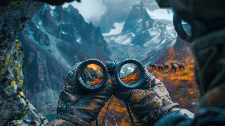 A person holding a camera is capturing a herd of sheep in a grassy field.の素材