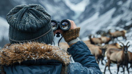 A person holding a camera is capturing a herd of sheep in a grassy field.の素材