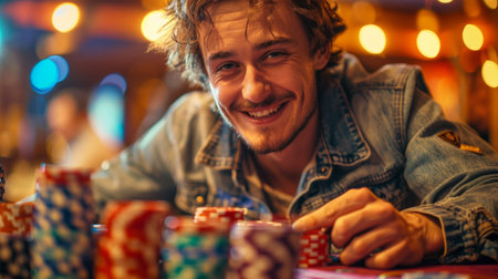 A man is seated at a poker table, smiling while holding cards in his hand, engrossed in the game.の素材