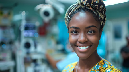 A healthcare worker in scrubs smiles directly at the camera, exuding confidence and professionalism.の素材