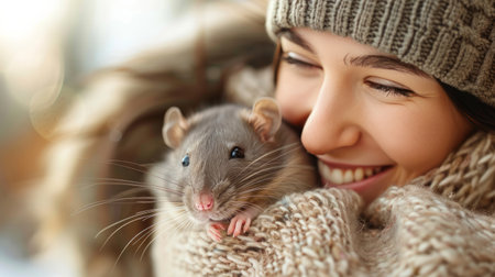 A woman holding a small rat in her arms, looking down at it with a gentle expression.の素材